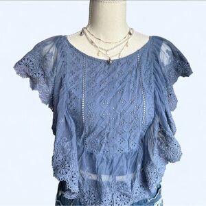 Altar'd State Dusty Blue Lace Eyelet Flutter Sleeve Top